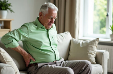 Fototapeta premium Elderly caucasian male experiencing back pain on sofa with natural light