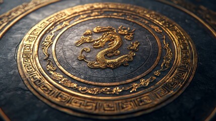 Chinese New Year holiday symbolism. A detailed emblem featuring a golden dragon on a textured circular background, symbolizing strength and heritage.