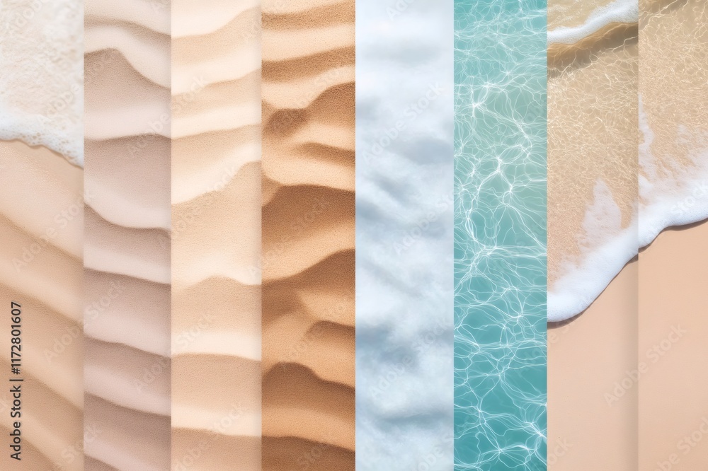 Poster vertical collage featuring various textures of beach sand and smooth ripple patterns, creating a vis