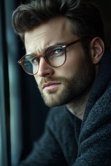 Fototapeta premium Pensive businessman with eyeglasses looking out the window