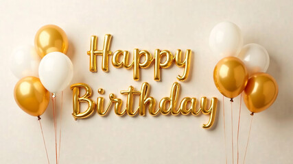 Happy Birthday typography text with golden balloons on white wall. 3D Rendering