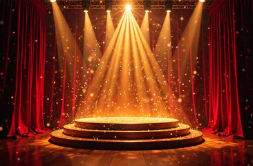 Stage illuminated by golden rays and sparks and spotlights. Award ceremony concept. 3D Rendering