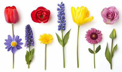 Fototapeta premium Vibrant spring flowers arranged in a row on white background; perfect for greeting cards, websites, and blogs.