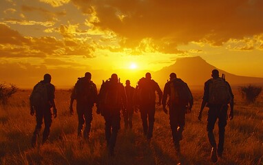 Silhouetted hikers trekking at sunset, mountain backdrop.
