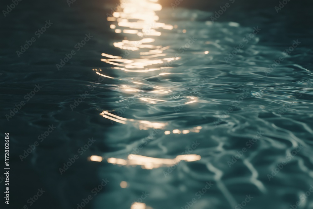 Poster golden light reflecting off a textured water surface, creating mesmerizing patterns and shimmering e