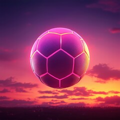 Fototapeta premium Futuristic Soccer Ball with Neon Glow Against Sunset Background