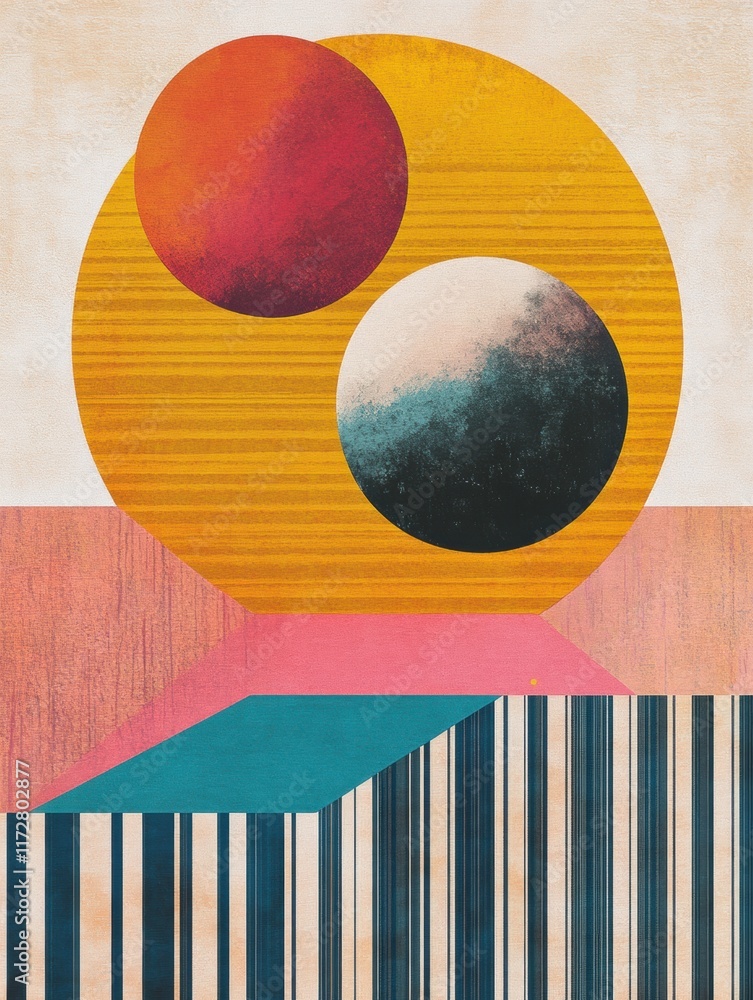 Poster Retro risograph artwork featuring abstract shapes and colors with circular elements and striped patterns. Generative AI