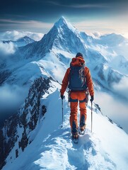 Climber Ascends Majestically Through Snowy Peaks: Wide Shot Mountain Photo. AI Generated