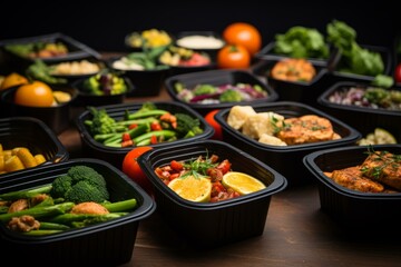 Plastic containers filled with various types of healthy food, offering a convenient catering or meal prep service