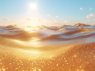 Golden sunset ocean waves with glittering sand.