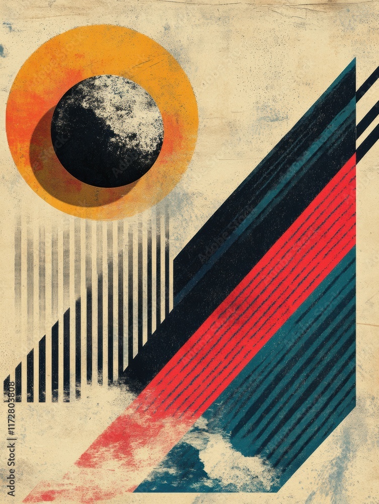 Poster retro risograph design featuring bold geometric shapes under an abstract sun. generative ai
