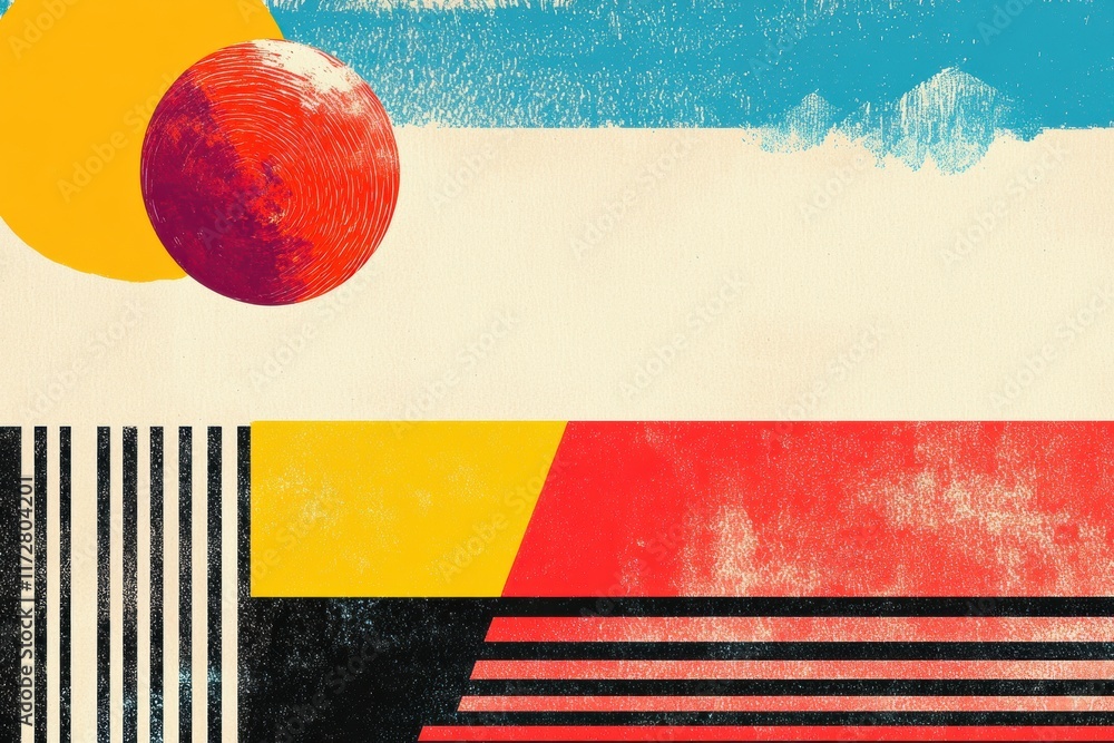 Poster Retro risograph artwork featuring abstract shapes and vibrant colors with a simplistic design. Generative AI