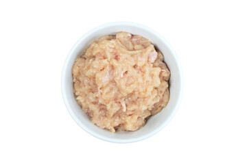 Top view of minced chicken in a cup isolated on white background clipping path