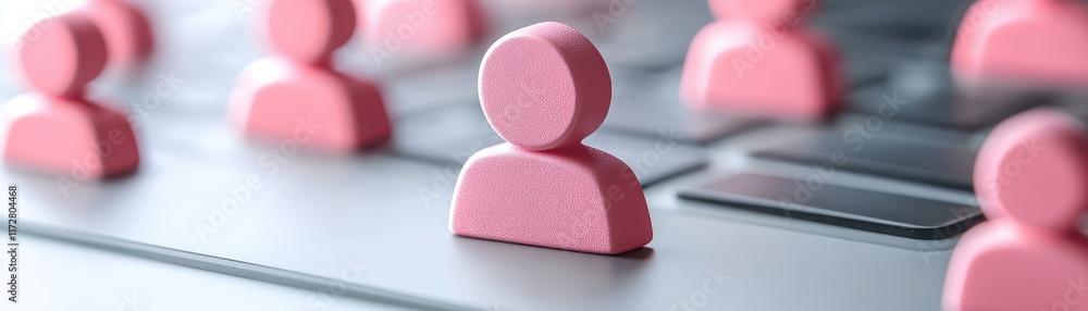 Poster pink figure interacting with computer keyboard, a modern art representation of technology and digita
