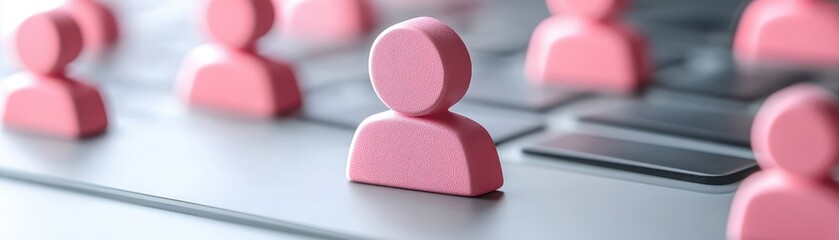 Pink figure interacting with computer keyboard, a modern art representation of technology and digital communication