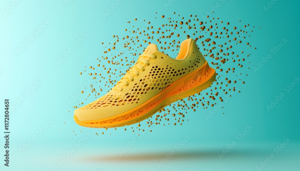 Poster bright yellow running shoe with dynamic splash effect on teal background