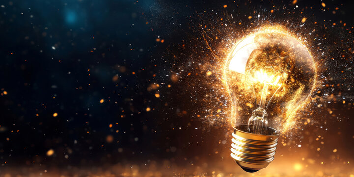 Light bulb exploding with golden particles symbolizing innovation and creativity