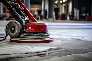 Floor polishing machine cleaning and polishing concrete floor in industrial building