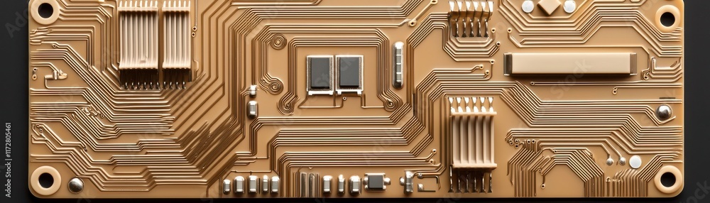 Poster a close-up of a detailed printed circuit board (pcb) showcasing intricate pathways and metallic comp