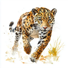 Obraz premium Illustration of the Jaguar running towards, soft watercolor tones, white background, detailed illustration, cartoonish.