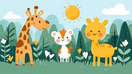 Naklejka premium Two Giraffes and a Small Animal in a Sunny Meadow