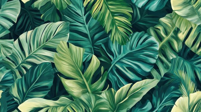 Tropical vegetation with oversized banana leaves reflecting exotic vibrancy in lush greens captured in a serene environment