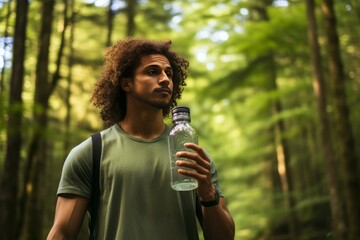 Fototapeta premium Young hiker is drinking fresh water from reusable bottle in forest
