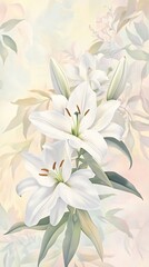 A serene illustration of white lilies against a soft pastel background.