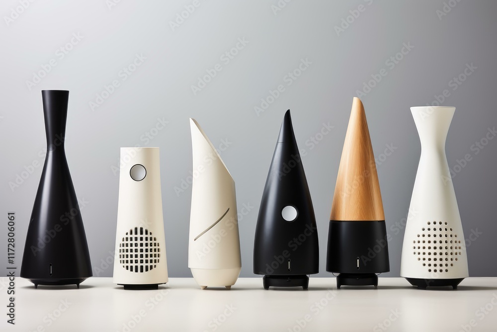 Aufkleber six smart speakers with different shapes and colors are displayed on a white table against a minimal
