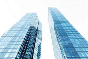 Fototapeta premium Two tall modern skyscrapers with reflective glass facades, set against a bright white background. Concept of urban architecture and progress. Ai generative