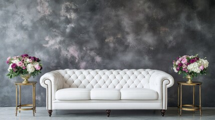 White tufted sofa against textured wall with floral arrangements.