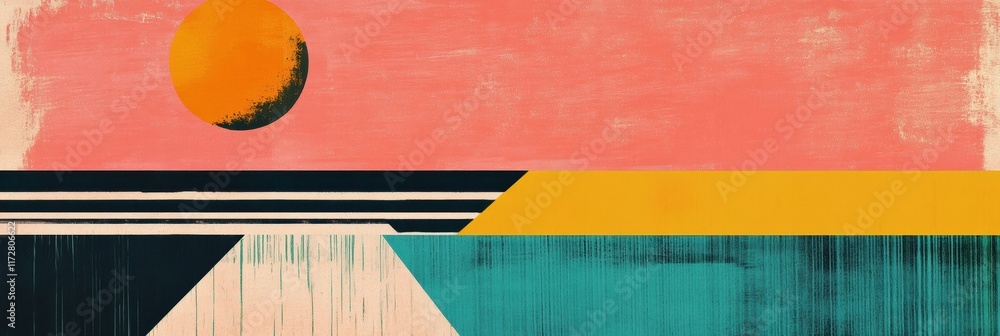 Aufkleber retro risograph artwork featuring a sunset over abstract landscape with bold colors and geometric sh