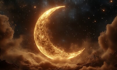 Obraz premium Fiery crescent moon in a starry night sky.