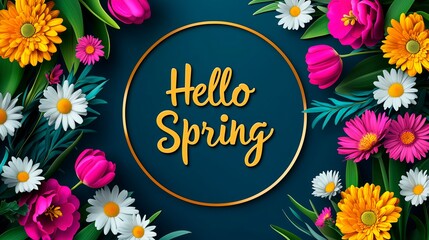 Colorful flowers bloom around the cheerful greeting of Hello Spring in a vivid design, Hello Spring flat lay image for social media