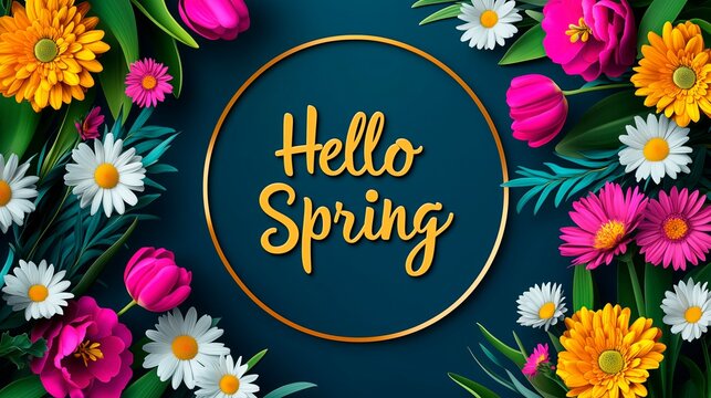 Colorful flowers bloom around the cheerful greeting of Hello Spring in a vivid design, Hello Spring flat lay image for social media