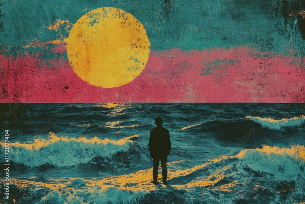 Poster stunning sunset over ocean waves with a figure standing alone in retro risograph style. generative a
