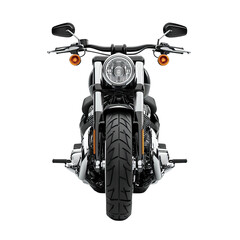 Motorcycle Front View: A modern motorcycle, photographed from the front, showcasing its robust design, engine and headlights, embodying the spirit of open roads and motorcycle culture.