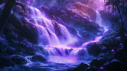A mystical glowing river cascading gently over rocks with soft magical mist rising into the air 