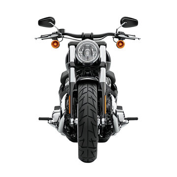 Motorcycle Front View: A modern motorcycle, photographed from the front, showcasing its robust design, engine and headlights, embodying the spirit of open roads and motorcycle culture.