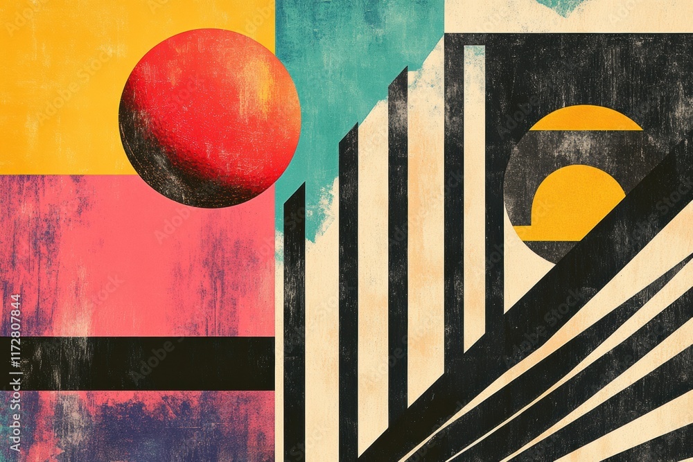 Leinwandbilder retro risograph artwork features bold colors and geometric shapes in a vibrant abstract composition.