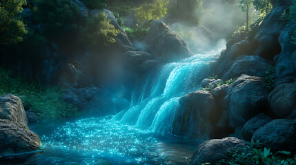 A mystical glowing river cascading gently over rocks with soft magical mist rising into the air 