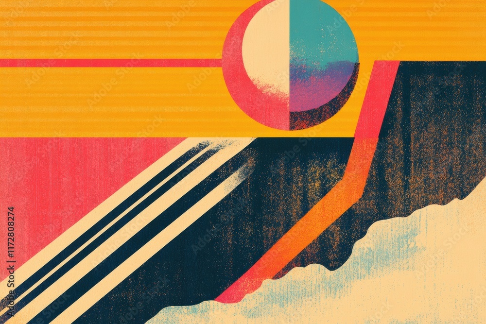 Poster vibrant retro risograph design showcasing bold colors and geometric shapes in a sunlit landscape. ge