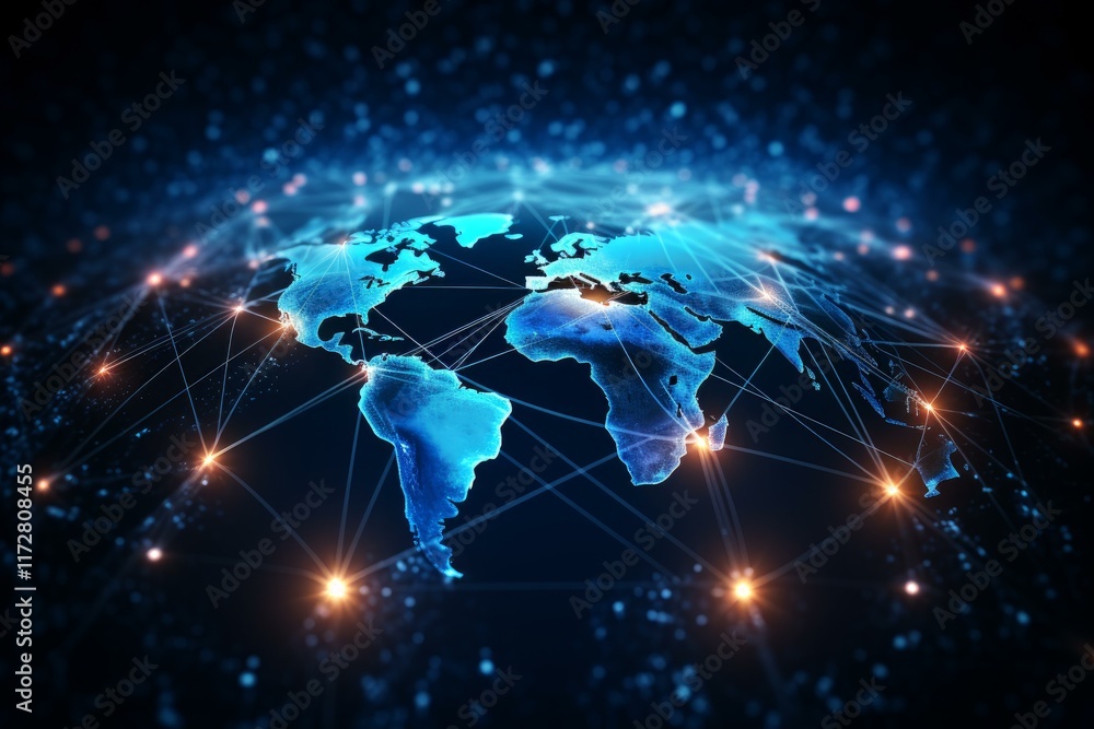 Poster planet earth with glowing network connections between continents representing global data exchange a