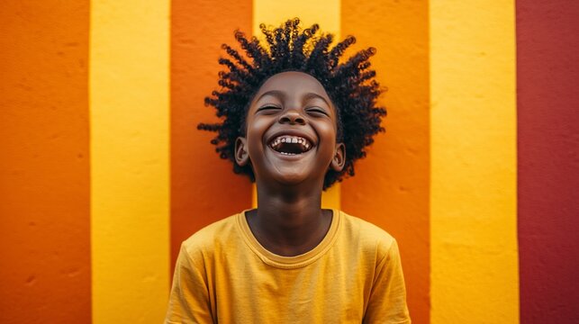 Happy child laughing against colorful striped wall.