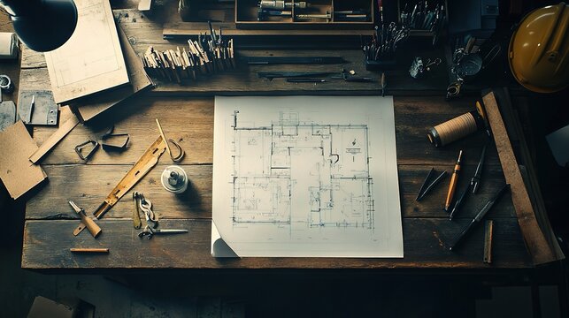 Architects' Workspace with Blueprint and Drafting Tools on Table