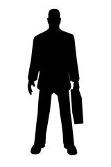 Man in a suit is holding a briefcase. The image is in black and white and the man is standing alone