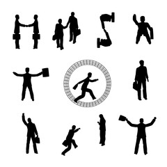 Series of silhouettes of people in business attire, some of them holding briefcases. Concept of urgency and determination