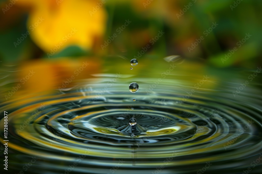 Poster water droplet disturbing a calm water surface creating multiple concentric ripples on a green and ye