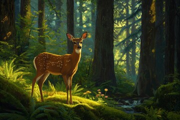 Serene Deer in Lush Green Forest Illuminated by Soft Sunlight