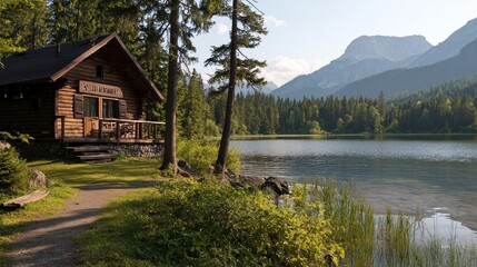 Fototapeta premium Rustic Cabin by a Tranquil Lakeside Surrounded by Lush Forest and Mountains